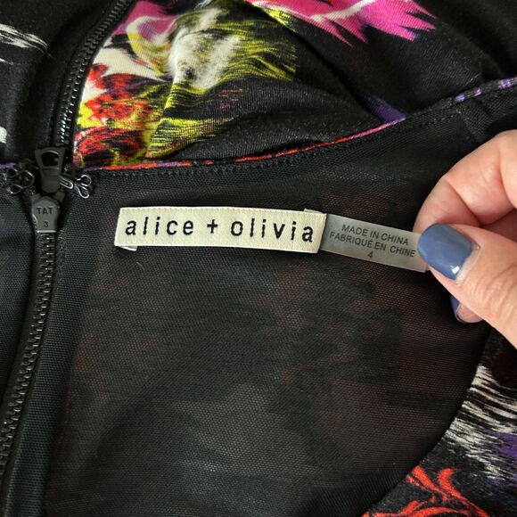 Alice + Olivia Delora Black Midi Dress in Abstract Multi Color Print Size 4 - Picture 4 of 5